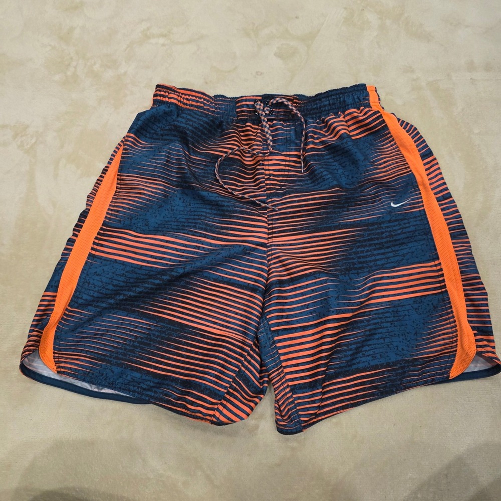 Nike Mens Swim Trunks XL Blue Orange Horizontal Stripe Mesh Lined Volley Shorts